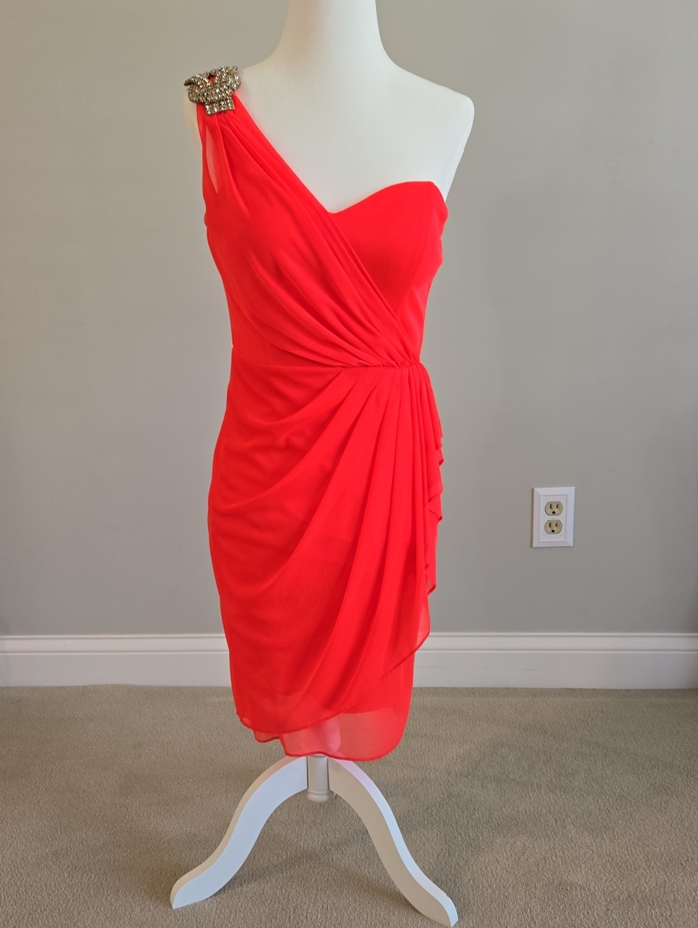 Cache One-Shoulder Coral-Red Cocktail Dress with Bejeweled Shoulder